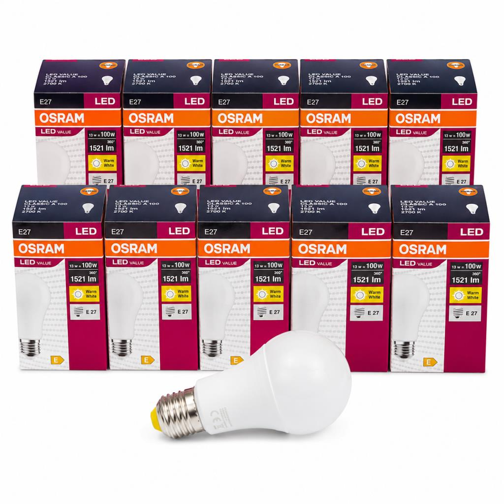 OSRAM LED Value Classic A100 E27 LED Ampul 13W 1521 Lümen 100W Eşdeğeri 2700K Sarı Işık Enerji Tasarruflu 10'lu Paket