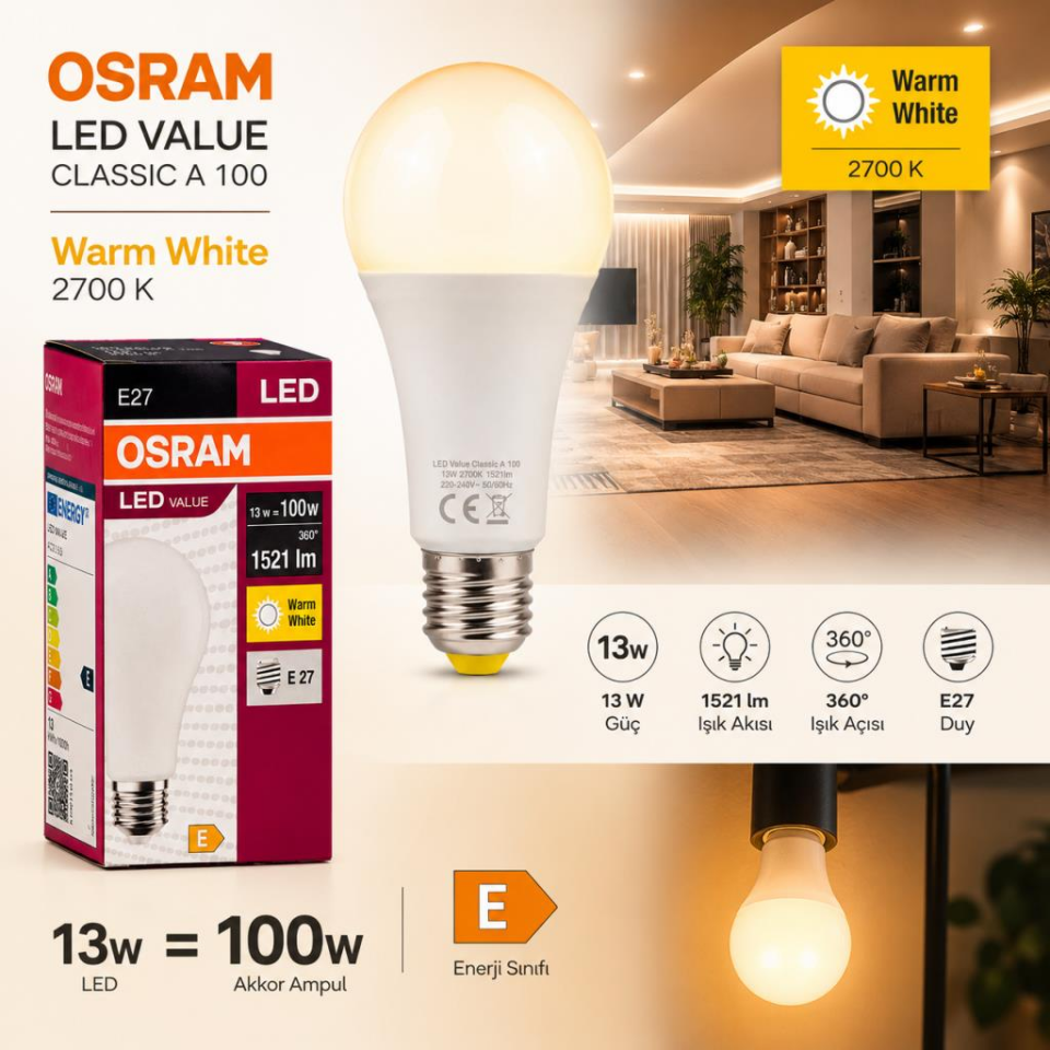 OSRAM LED Value Classic A100 E27 LED Ampul 13W 1521 Lümen 100W Eşdeğeri 2700K Sarı Işık Enerji Tasarruflu 10'lu Paket