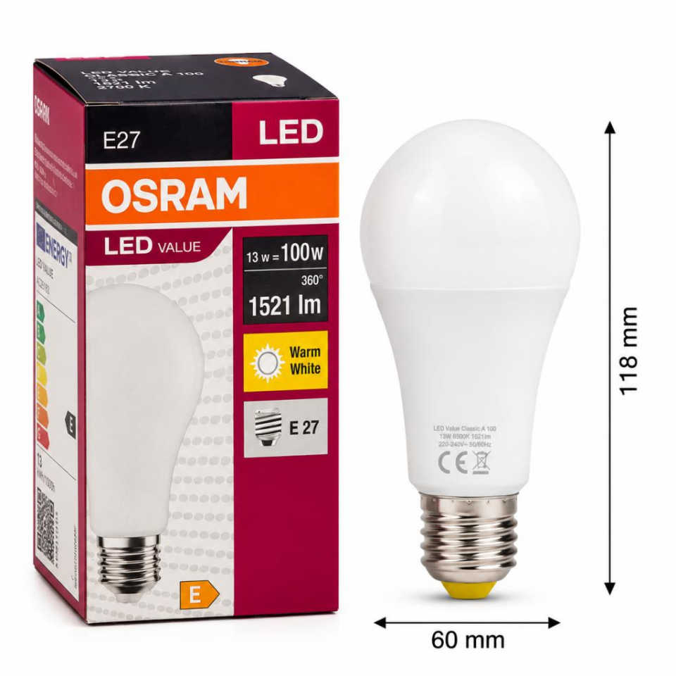 OSRAM LED Value Classic A100 E27 LED Ampul 13W 1521 Lümen 100W Eşdeğeri 2700K Sarı Işık Enerji Tasarruflu 10'lu Paket