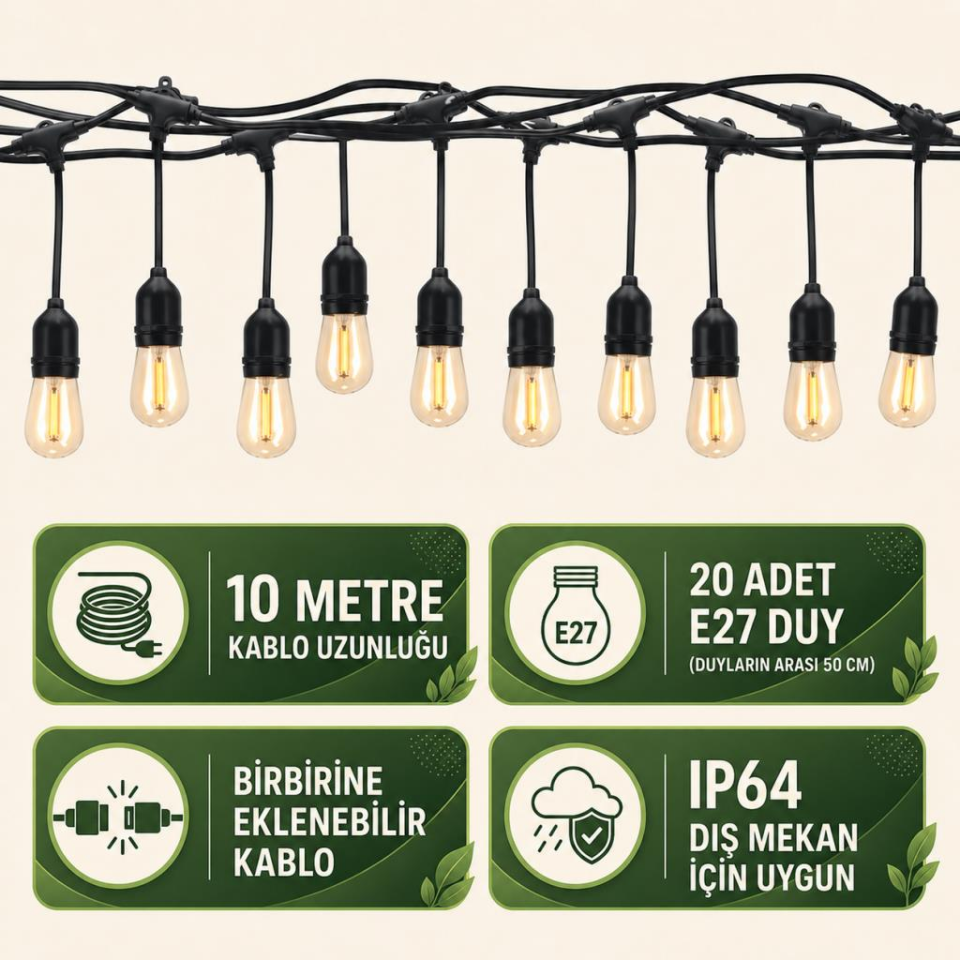 CT-7070 10 Metre 20 Duy E27 Dekoratif Sarmaşık Bahçe ve Teras Aydınlatma Kablosu IP64 (Ampul Hariç)