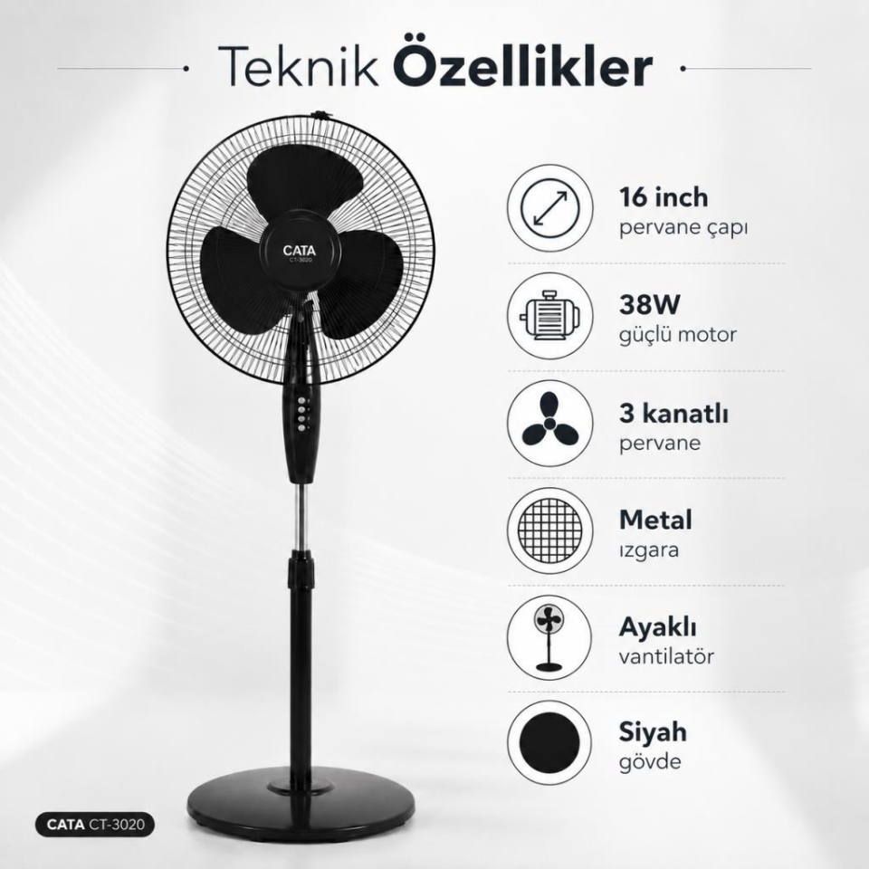 Cata CT-3020 Akçay 38W 16 Inch Ayaklı Vantilatör Siyah 3 Kanatlı Ev Ofis Tipi Serinletici Fan