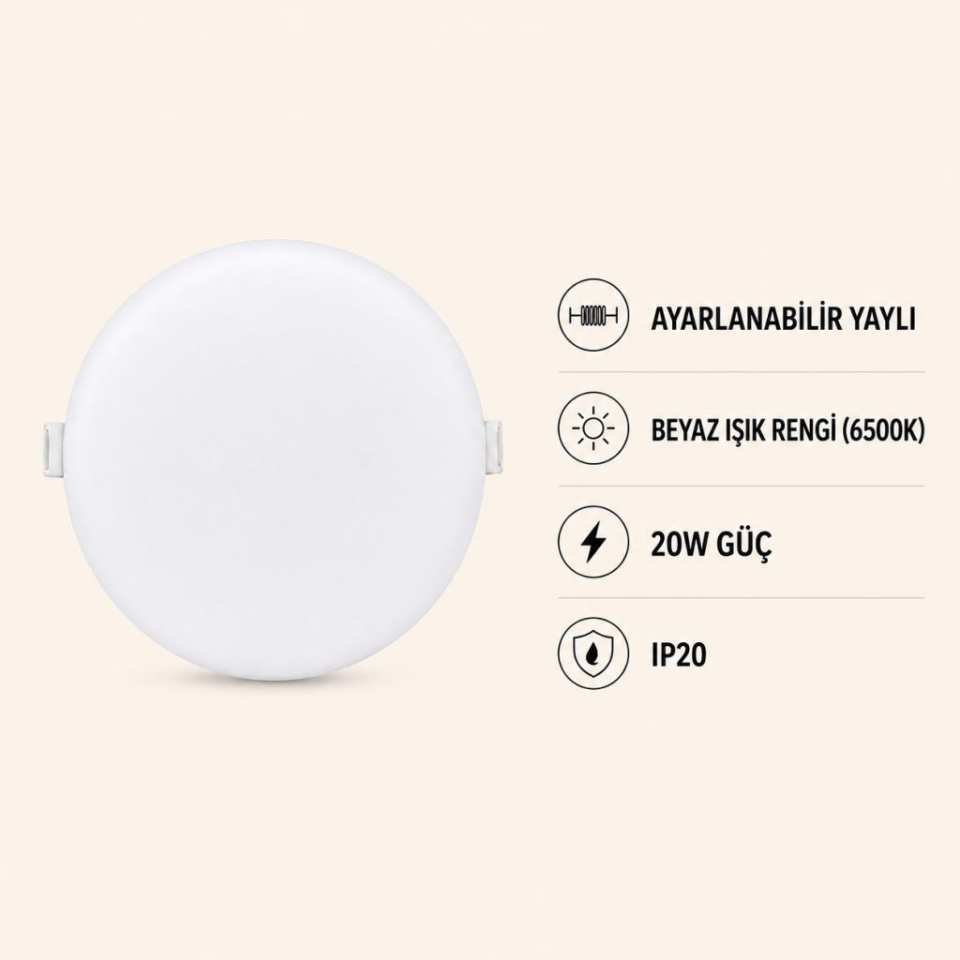 Cata CT-5661 X-Plus 20W LED Panel Beyaz Işık 6500K Ayarlanabilir Yaylı Yuvarlak Sıva Altı Spot