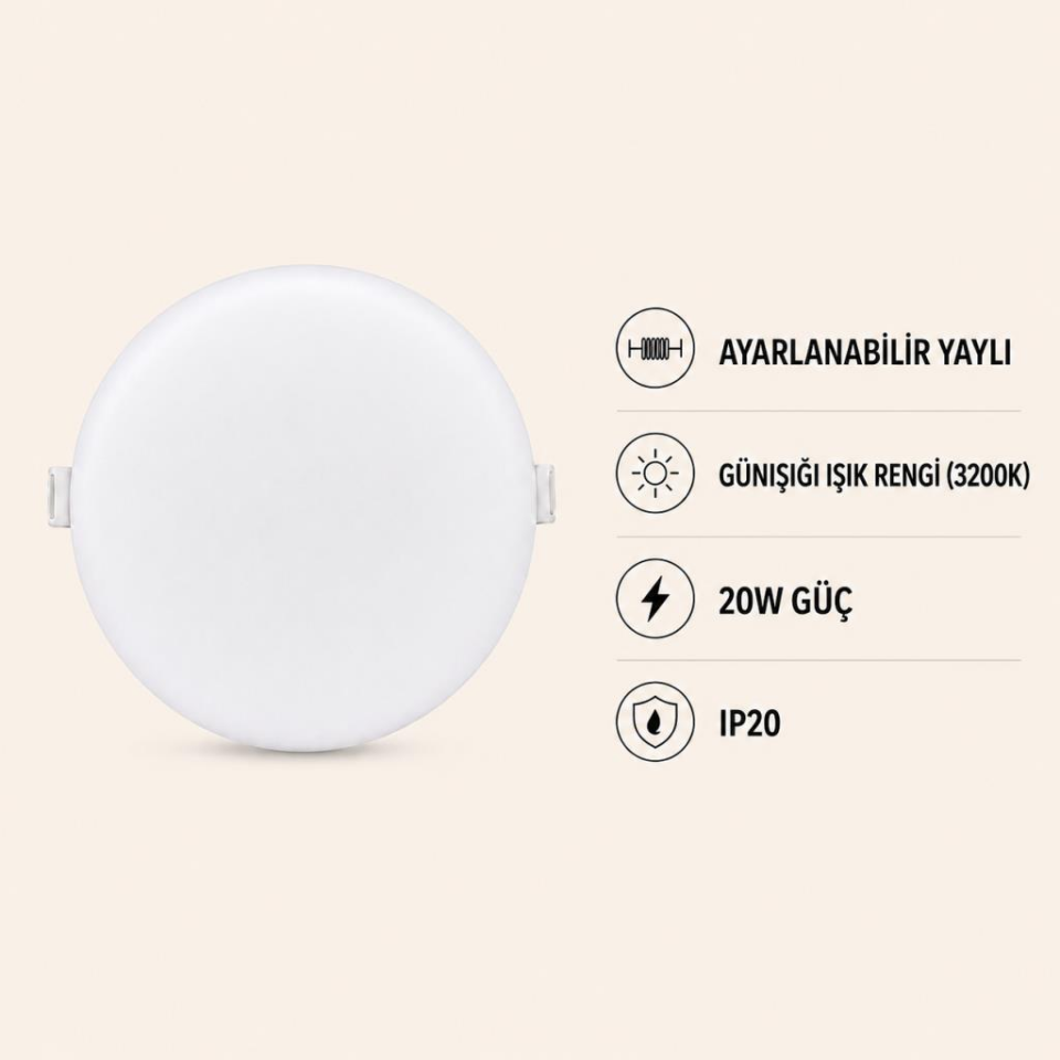 Cata CT-5661 X-Plus 20W LED Panel Günışığı 3200K Ayarlanabilir Yaylı Yuvarlak Sıva Altı Spot