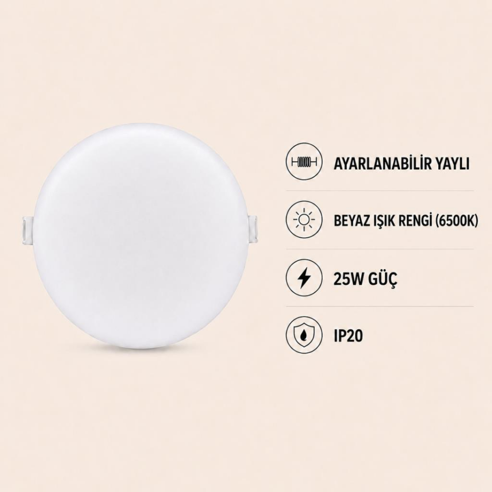 Cata CT-5662 X-Plus 25W LED Panel Beyaz Işık 6500K Ayarlanabilir Yaylı Yuvarlak Sıva Altı Spot