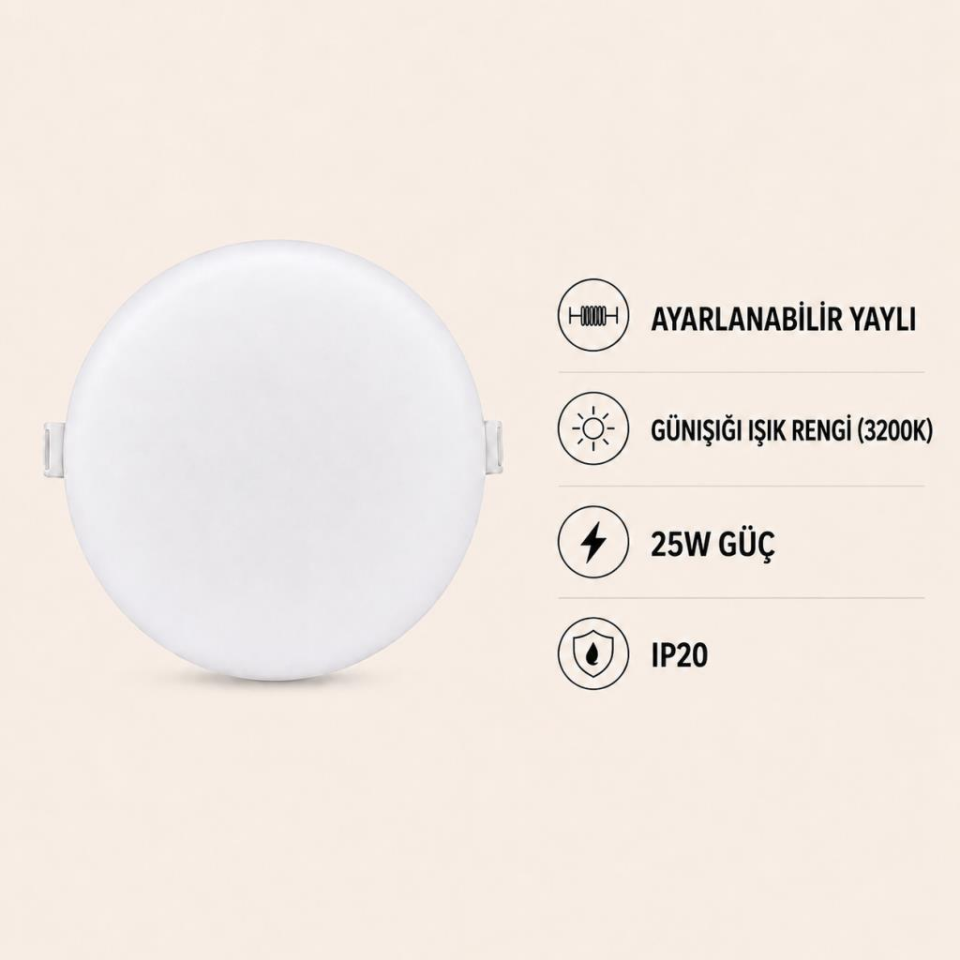 Cata CT-5662 X-Plus 25W LED Panel Günışığı 3200K Ayarlanabilir Yaylı Yuvarlak Sıva Altı Spot