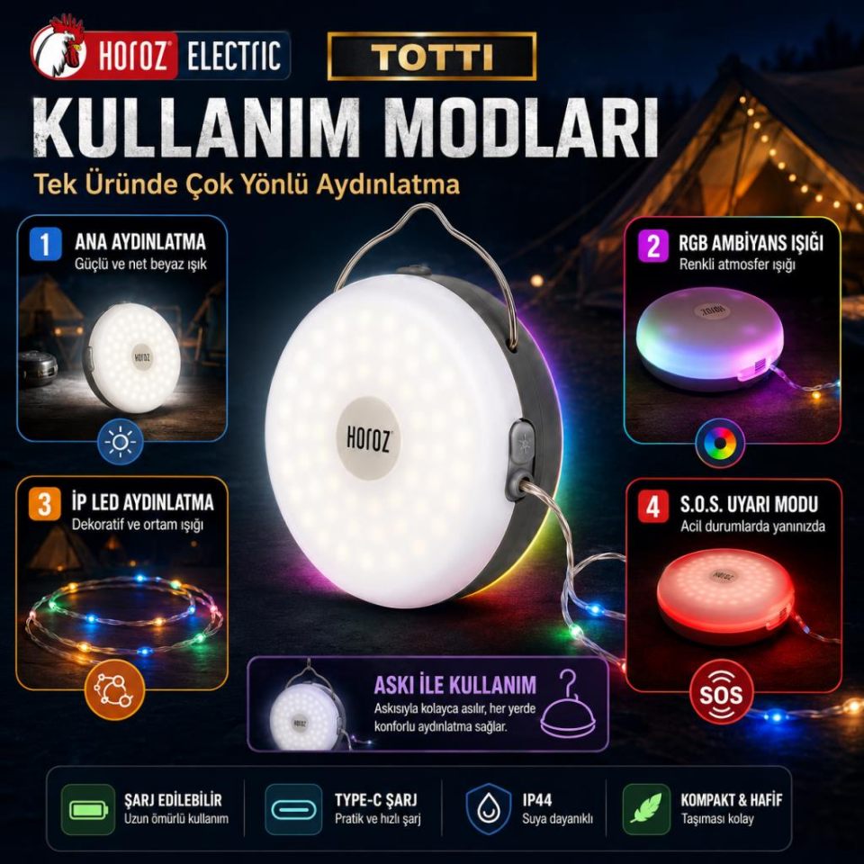 TOTTI LED Şarjlı Kamp Lambası 2W Type-C RGB İp Işıklı S.O.S Modlu