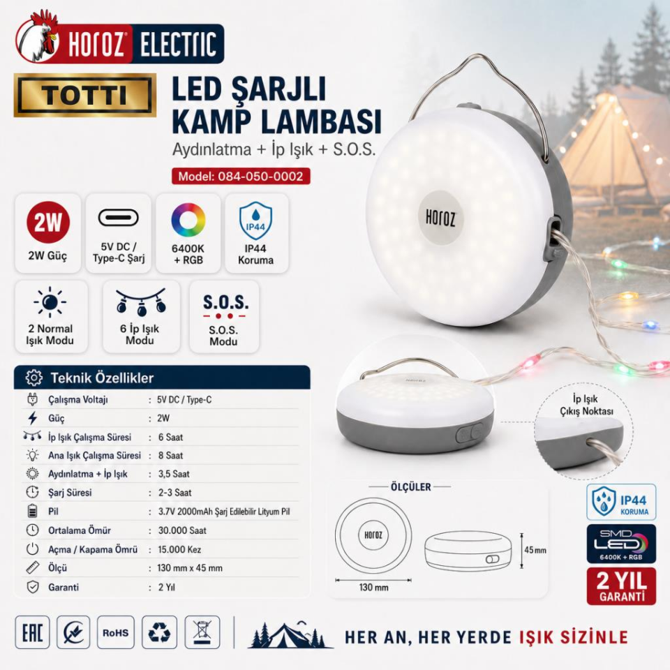 TOTTI LED Şarjlı Kamp Lambası 2W Type-C RGB İp Işıklı S.O.S Modlu
