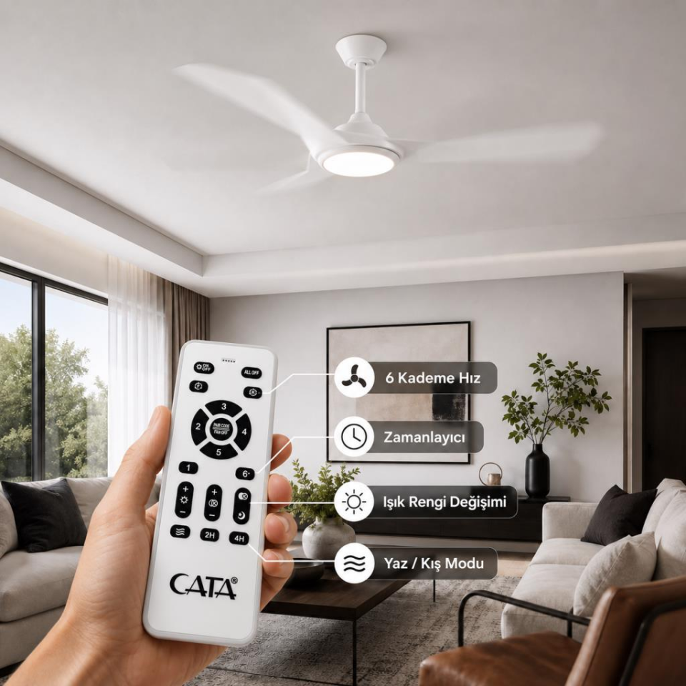 Cata CT-3000 Beyaz Tavan Vantilatörü LED Işıklı Kumandalı 6 Kademe Hız Ayarlı Sessiz Premium Motorlu