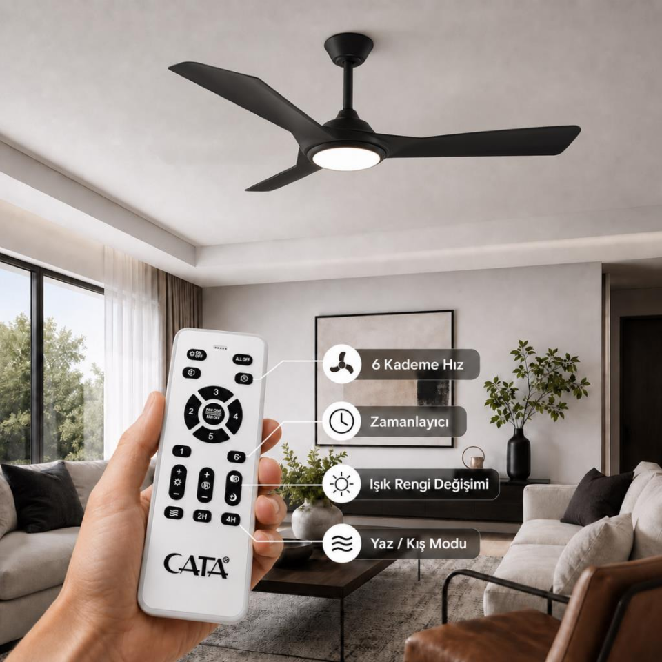 Cata CT-3001 Siyah Tavan Vantilatörü LED Işıklı Kumandalı 6 Kademe Hız Ayarlı Sessiz Premium Motorlu