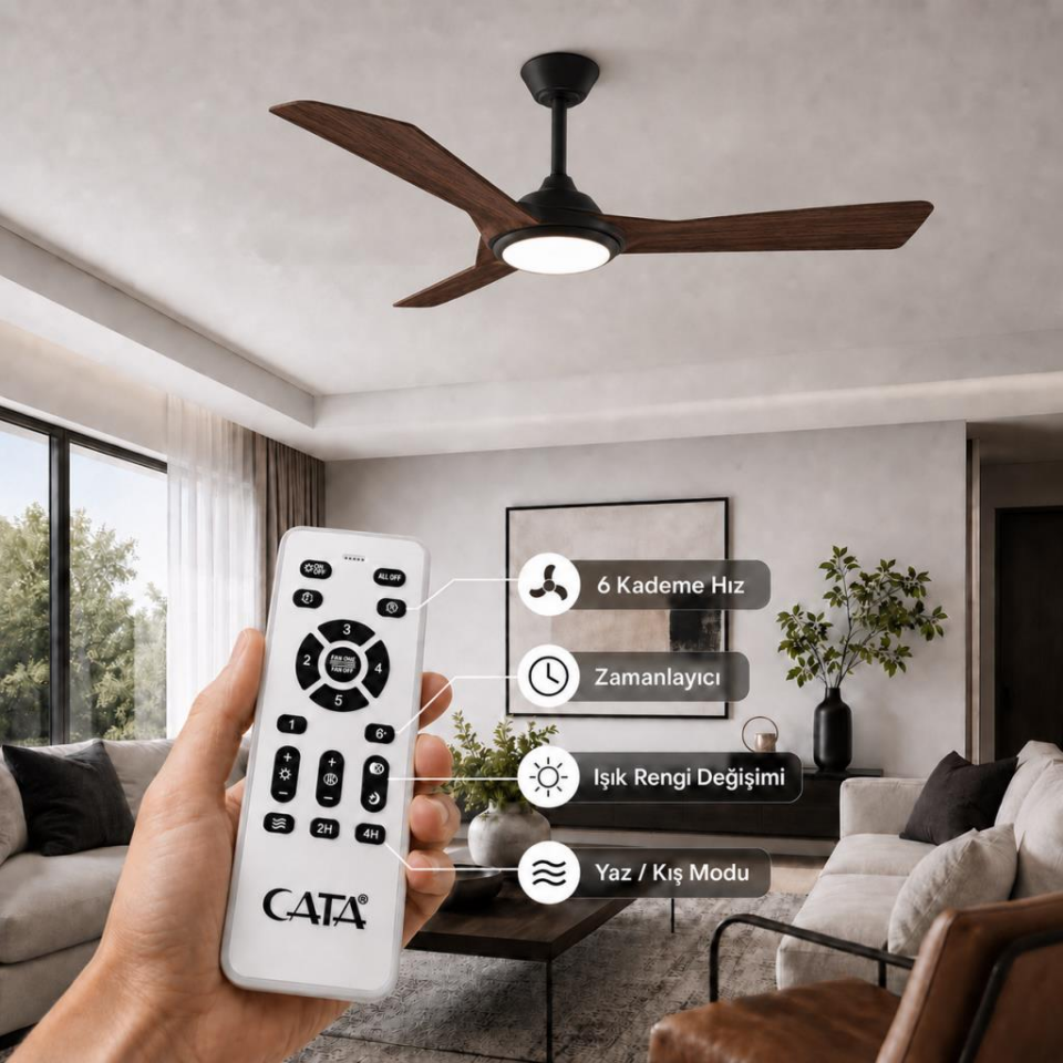 Cata CT-3002 Ahşap Tavan Vantilatörü LED Işıklı Kumandalı 6 Kademe Hız Ayarlı Sessiz Premium Motorlu
