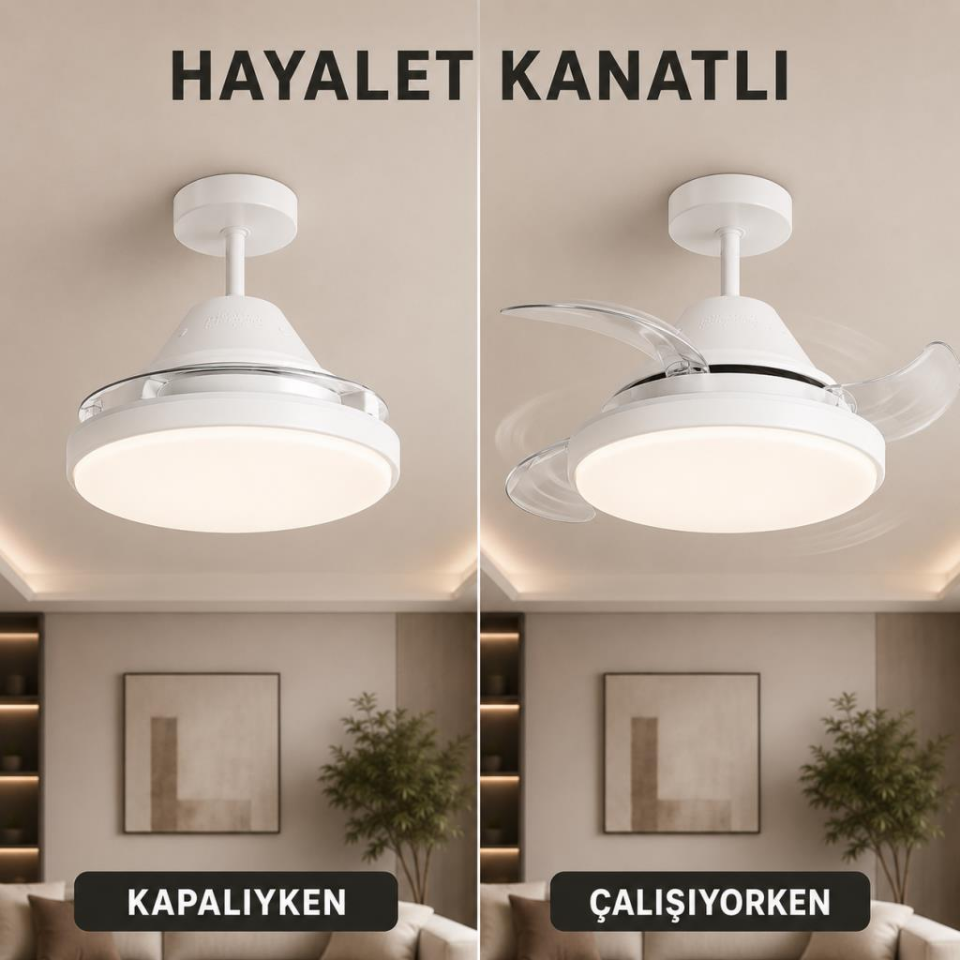 Cata CT-1156 Dolunay 72W Kumandalı Hayalet Kanatlı LED Fanlı Ampul, 3 Renk Işık Modlu, Açılır Kapanır Pervaneli