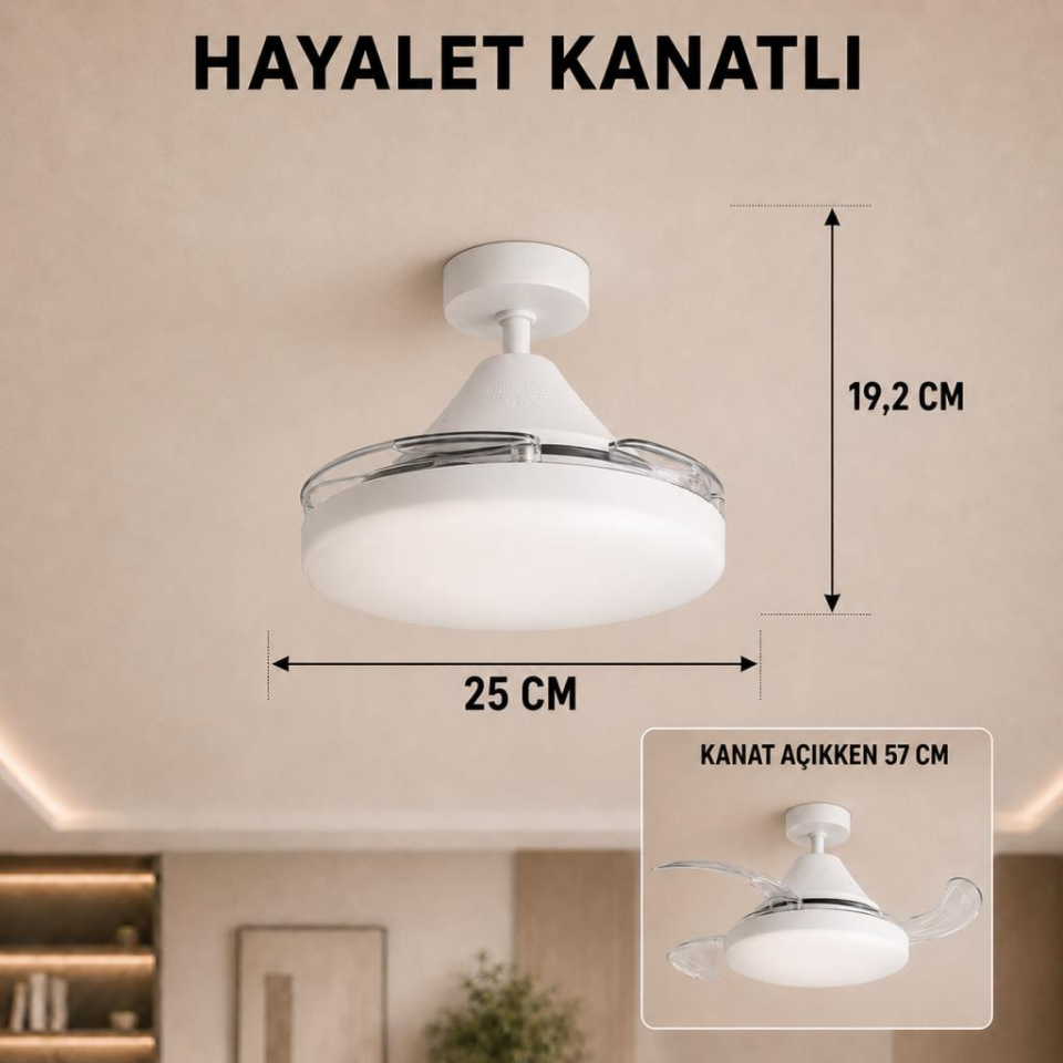 Cata CT-1156 Dolunay 72W Kumandalı Hayalet Kanatlı LED Fanlı Ampul, 3 Renk Işık Modlu, Açılır Kapanır Pervaneli