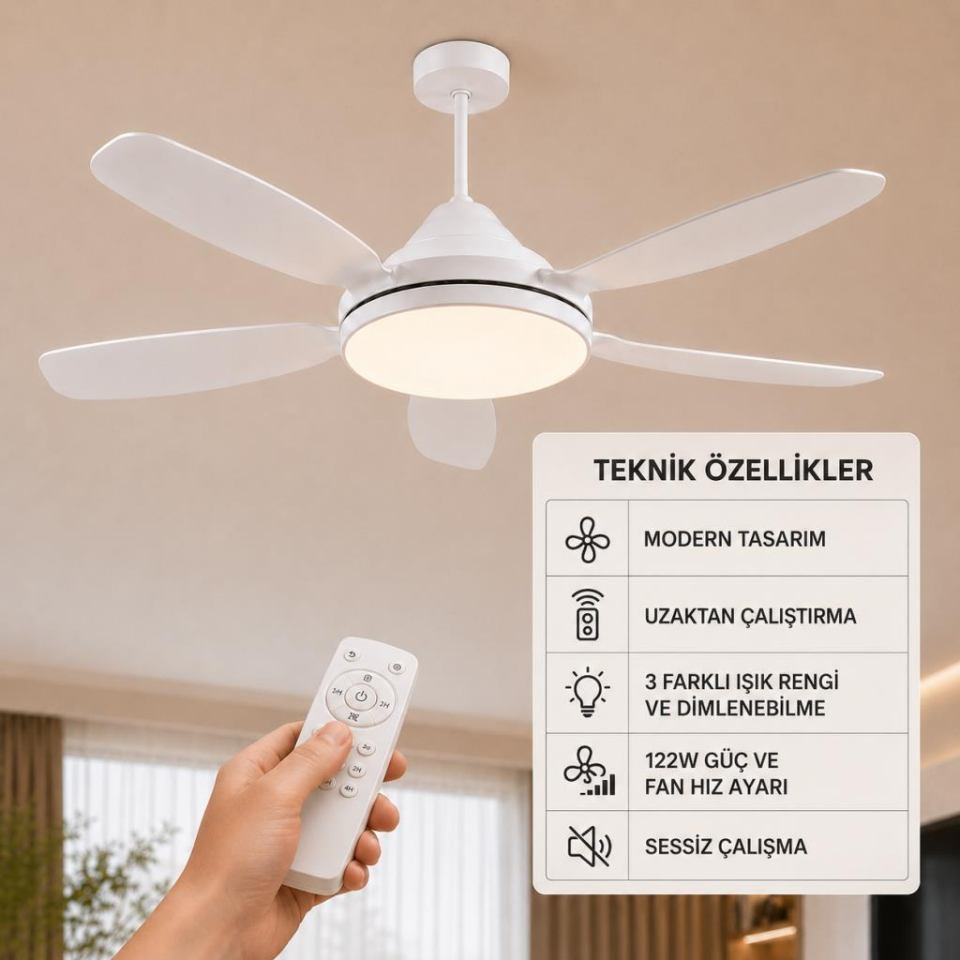 Cata CT-1157 Fırtına 122W Kumandalı LED Tavan Vantilatörü, 5 Kanatlı Fanlı Aydınlatma, 3 Renk Işık ve Dimlenebilir Özellikli
