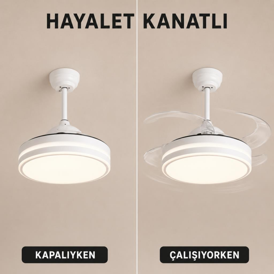 Cata CT-3003 Hayalet Kanatlı LED Avizeli Tavan Vantilatörü, Kumandalı, 3 Renk Işık, Dim Özellikli