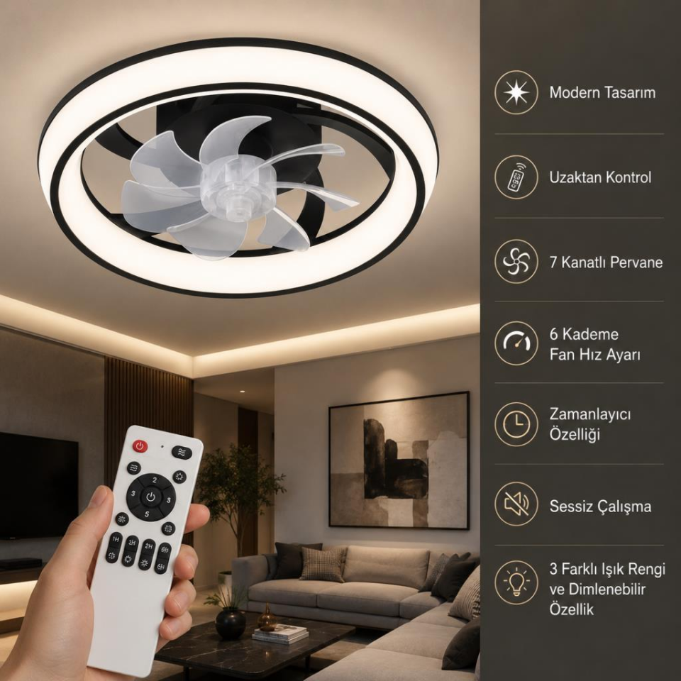Cata CT-3010 Uzaktan Kumandalı LED Tavan Vantilatörü, 3 Renk Işık Ayarlı, Dimlenebilir, Modern Fanlı Avize