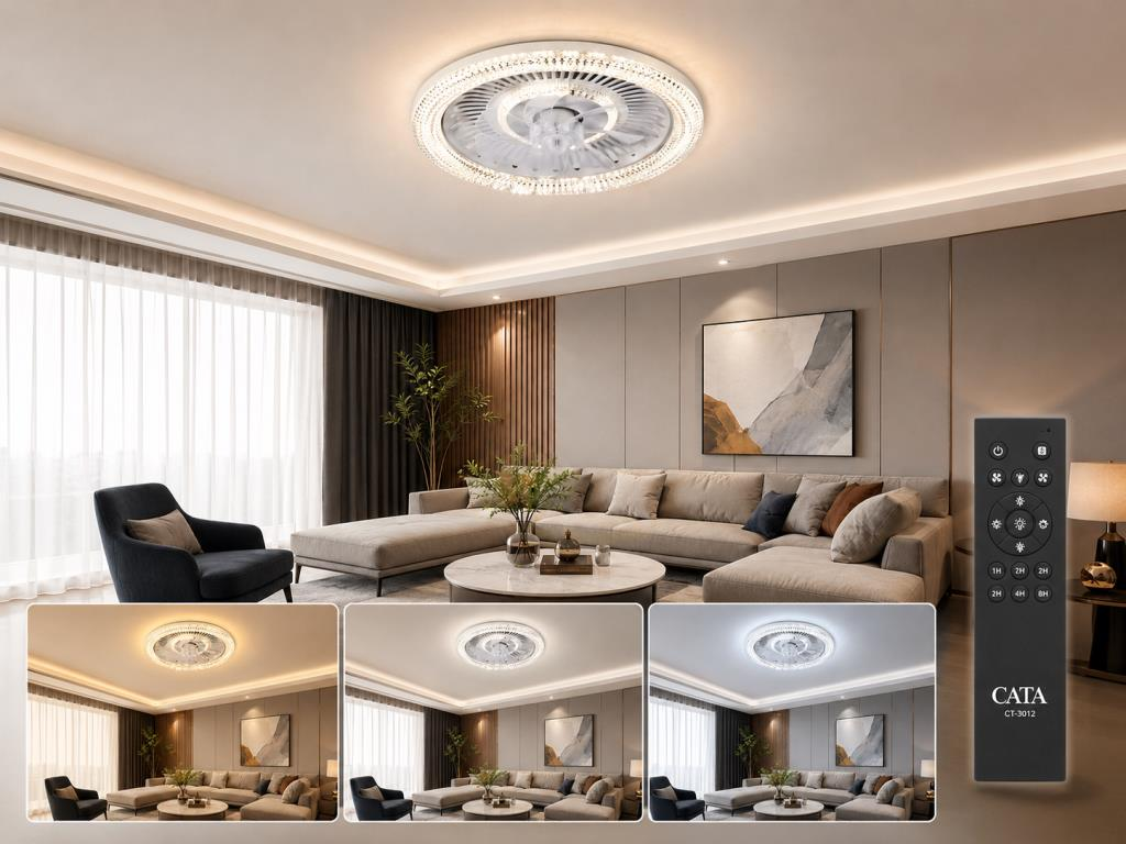 Cata CT-3012 Kristal Tasarımlı Kumandalı LED Tavan Vantilatörü 56 cm, 3 Renk Işık, Dimlenebilir, 6 Kademe Fan Hızı