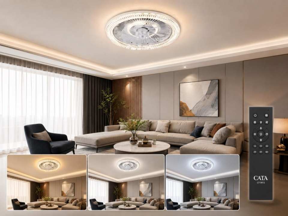Cata CT-3012 Kristal Tasarımlı Kumandalı LED Tavan Vantilatörü 56 cm, 3 Renk Işık, Dimlenebilir, 6 Kademe Fan Hızı