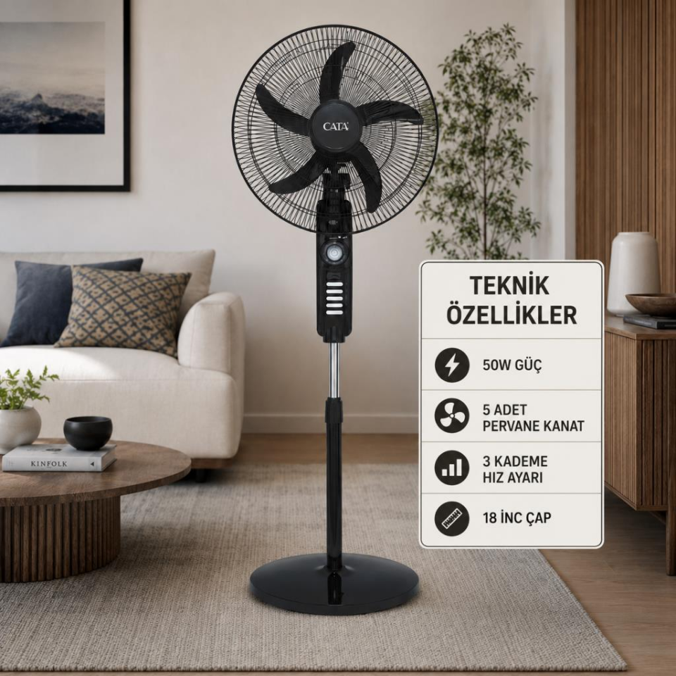 Cata CT-3021 Datça Ayaklı Vantilatör 50W 18 İnç 5 Kanatlı 3 Kademe Hız Ayarlı Siyah Salon Ofis Vantilatörü