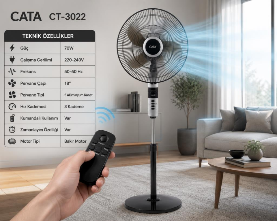 Cata CT-3022 Everest Kumandalı Ayaklı Vantilatör 70W 18 İnç 5 Alüminyum Kanatlı 3 Kademe Hız Ayarlı Siyah Vantilatör