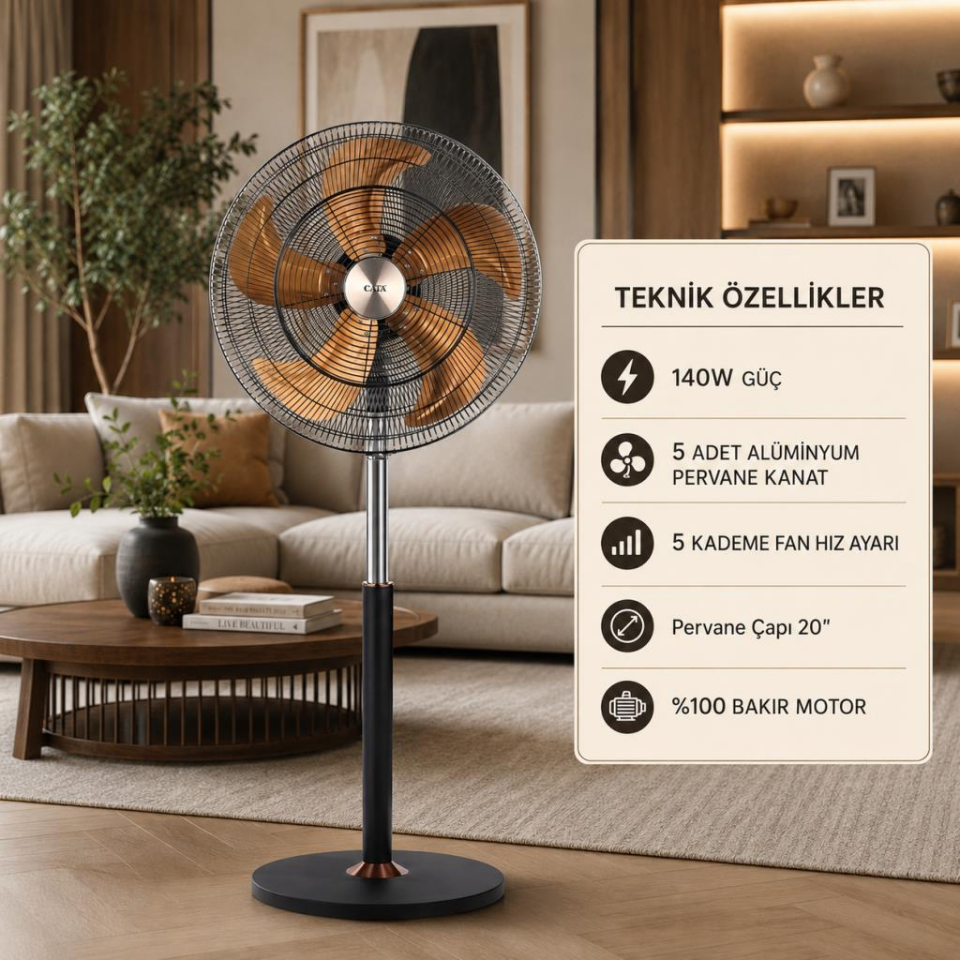 Cata CT-3023 Premium Ayaklı Vantilatör 140W 20 İnç 5 Alüminyum Kanatlı 5 Kademe Hız Ayarlı Bakır Motorlu Vantilatör