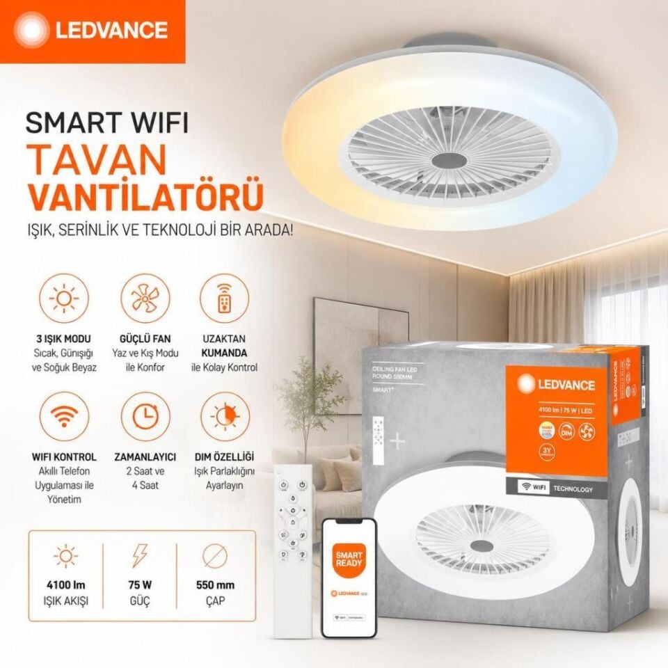 LEDVANCE Smart+ 75W 4100 Lümen WiFi Kumandalı LED Tavan Vantilatörü 55 cm