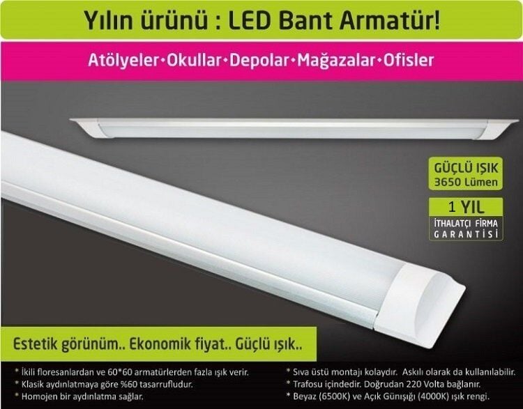 CATA 36 Watt Ledli Yatay Bant Armatür Beyaz Işık 120 cm CT-2475