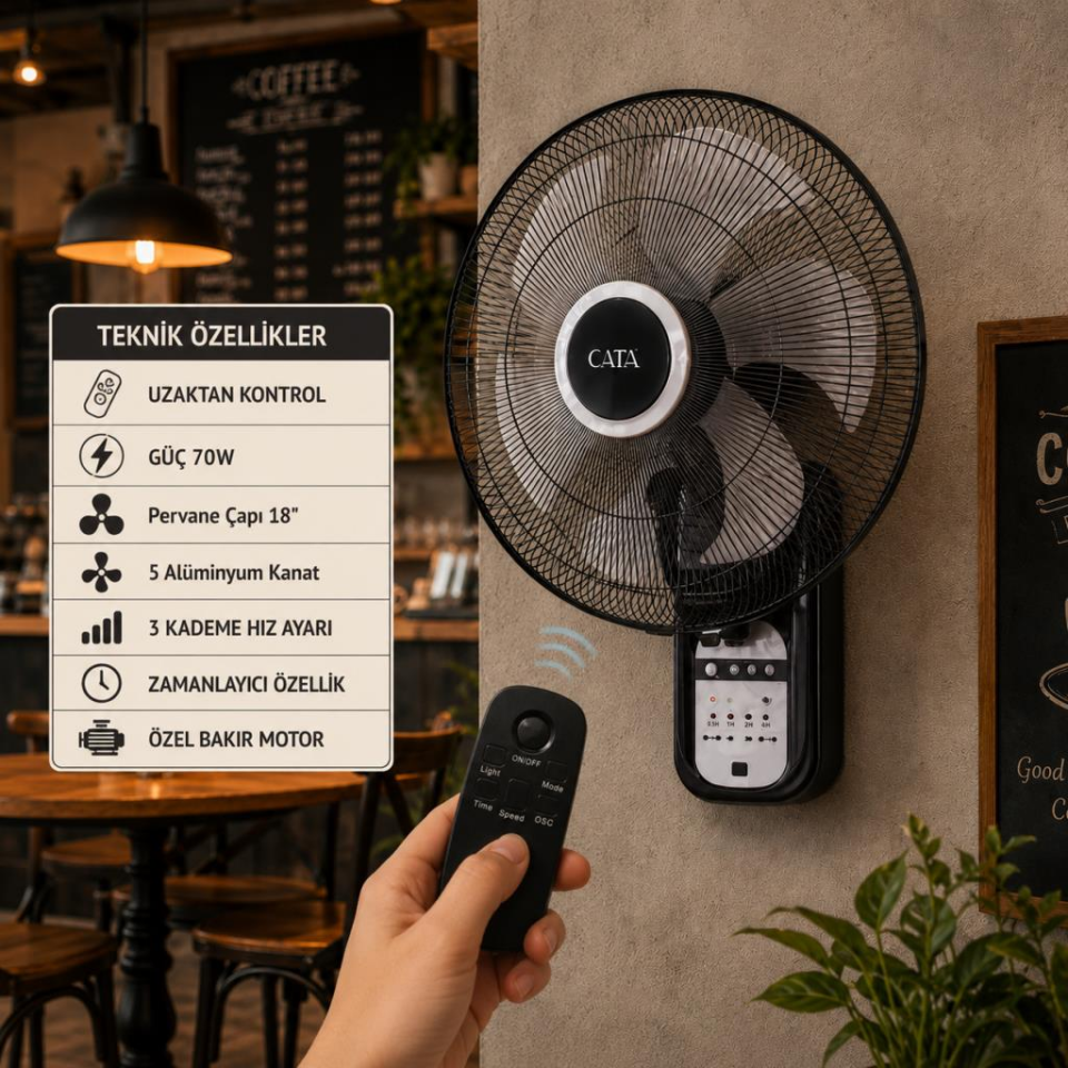 Cata CT-3024 Kumandalı Duvar Tipi Vantilatör 70W 18 İnç 5 Alüminyum Kanatlı 3 Kademe Hız Ayarlı Zamanlayıcılı Vantilatör