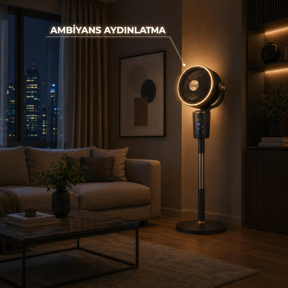 Cata CT-3040 Akıllı Ayaklı Vantilatör 60W 8 İnç Kumandalı Sesli Komutlu Ambiyans Aydınlatmalı Bakır Motorlu Vantilatör