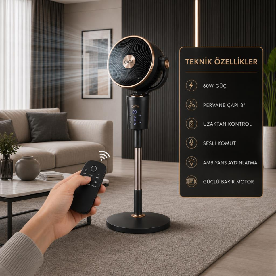 Cata CT-3040 Akıllı Ayaklı Vantilatör 60W 8 İnç Kumandalı Sesli Komutlu Ambiyans Aydınlatmalı Bakır Motorlu Vantilatör