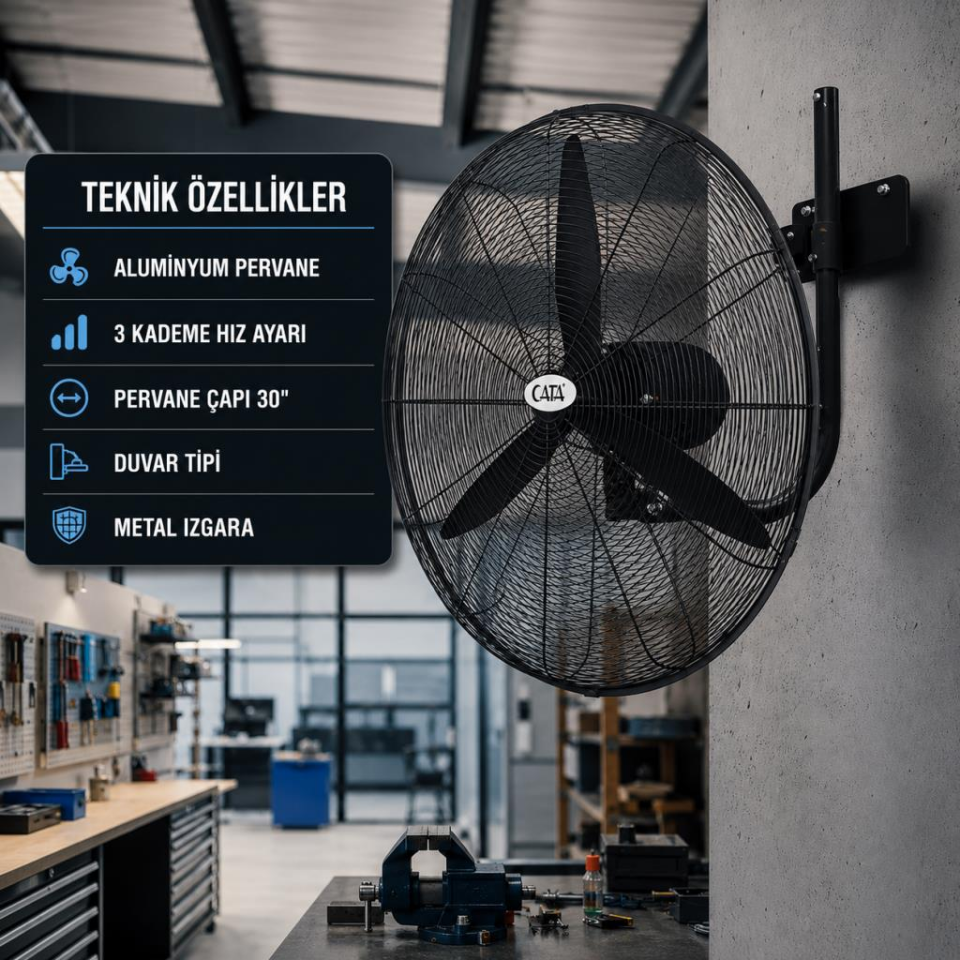Cata CT-3025 Sanayi Tipi Duvar Vantilatörü 30 İnç Metal Izgaralı Alüminyum Pervaneli 3 Kademe Hız Ayarlı Endüstriyel Vantilatör