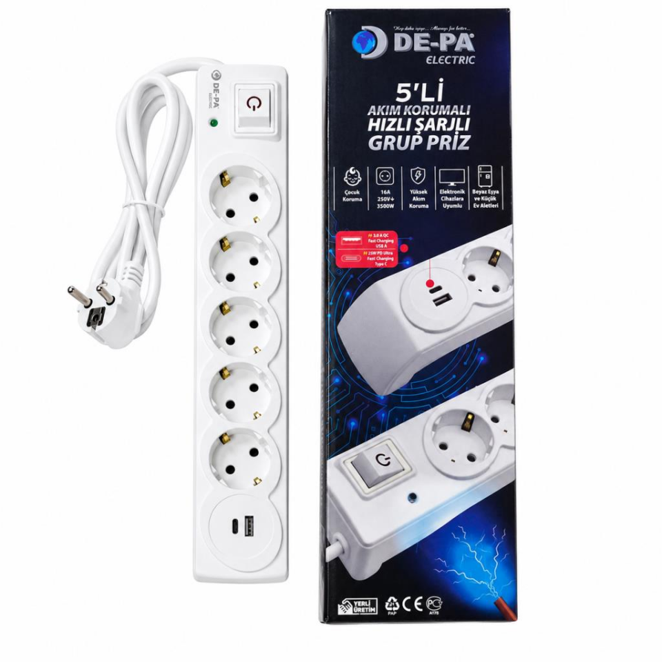 DE-PA 5’li Akım Korumalı Grup Priz 1,5 Metre Kablolu, 25W PD Type-C ve QC 3.0 USB Hızlı Şarjlı, 3500W 16A