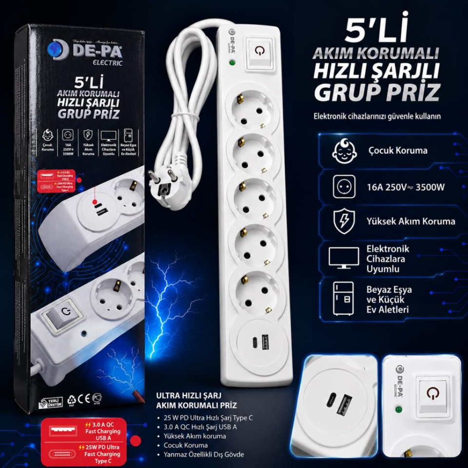 DE-PA 5’li Akım Korumalı Grup Priz 1,5 Metre Kablolu, 25W PD Type-C ve QC 3.0 USB Hızlı Şarjlı, 3500W 16A