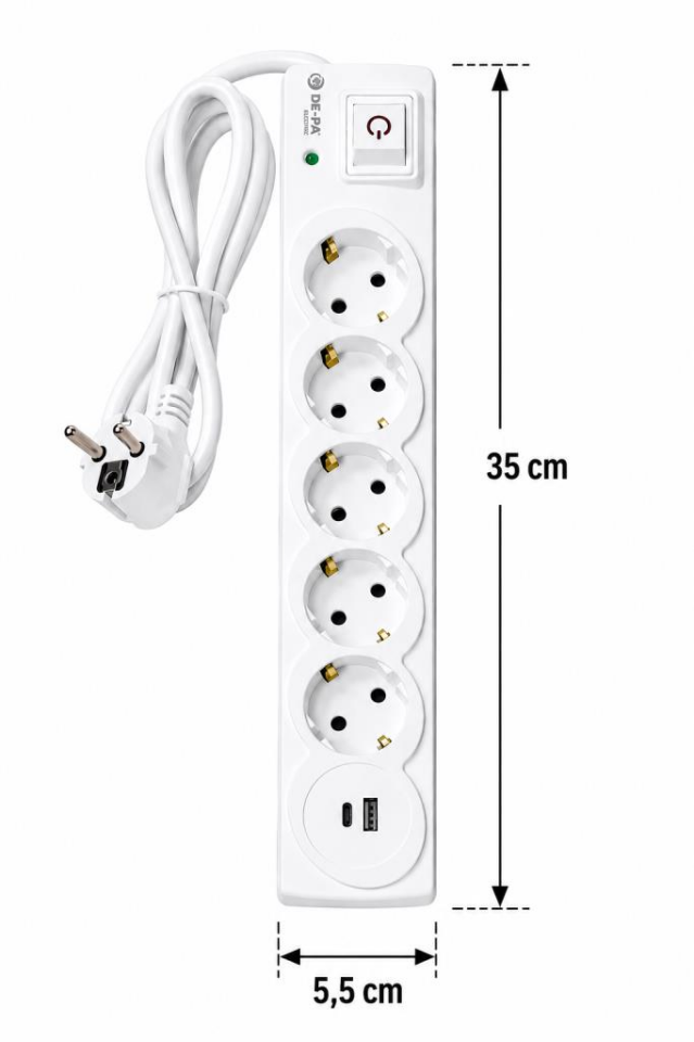 DE-PA 5’li Akım Korumalı Grup Priz 1,5 Metre Kablolu, 25W PD Type-C ve QC 3.0 USB Hızlı Şarjlı, 3500W 16A