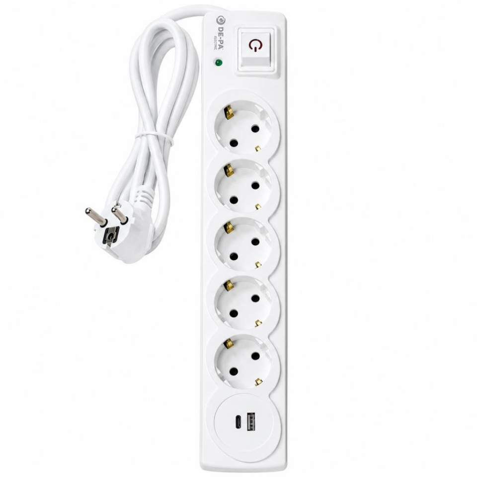 DE-PA 5’li Akım Korumalı Grup Priz 1,5 Metre Kablolu, 25W PD Type-C ve QC 3.0 USB Hızlı Şarjlı, 3500W 16A