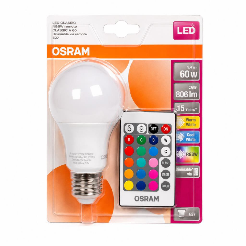 OSRAM LED Classic A60 RGBW Kumandalı LED Ampul E27 9.4W 806 Lümen Dimlenebilir Renk Değiştiren Ampul