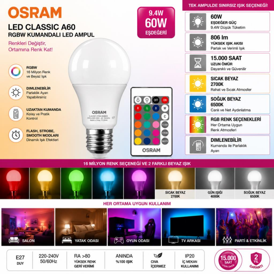 OSRAM LED Classic A60 RGBW Kumandalı LED Ampul E27 9.4W 806 Lümen Dimlenebilir Renk Değiştiren Ampul