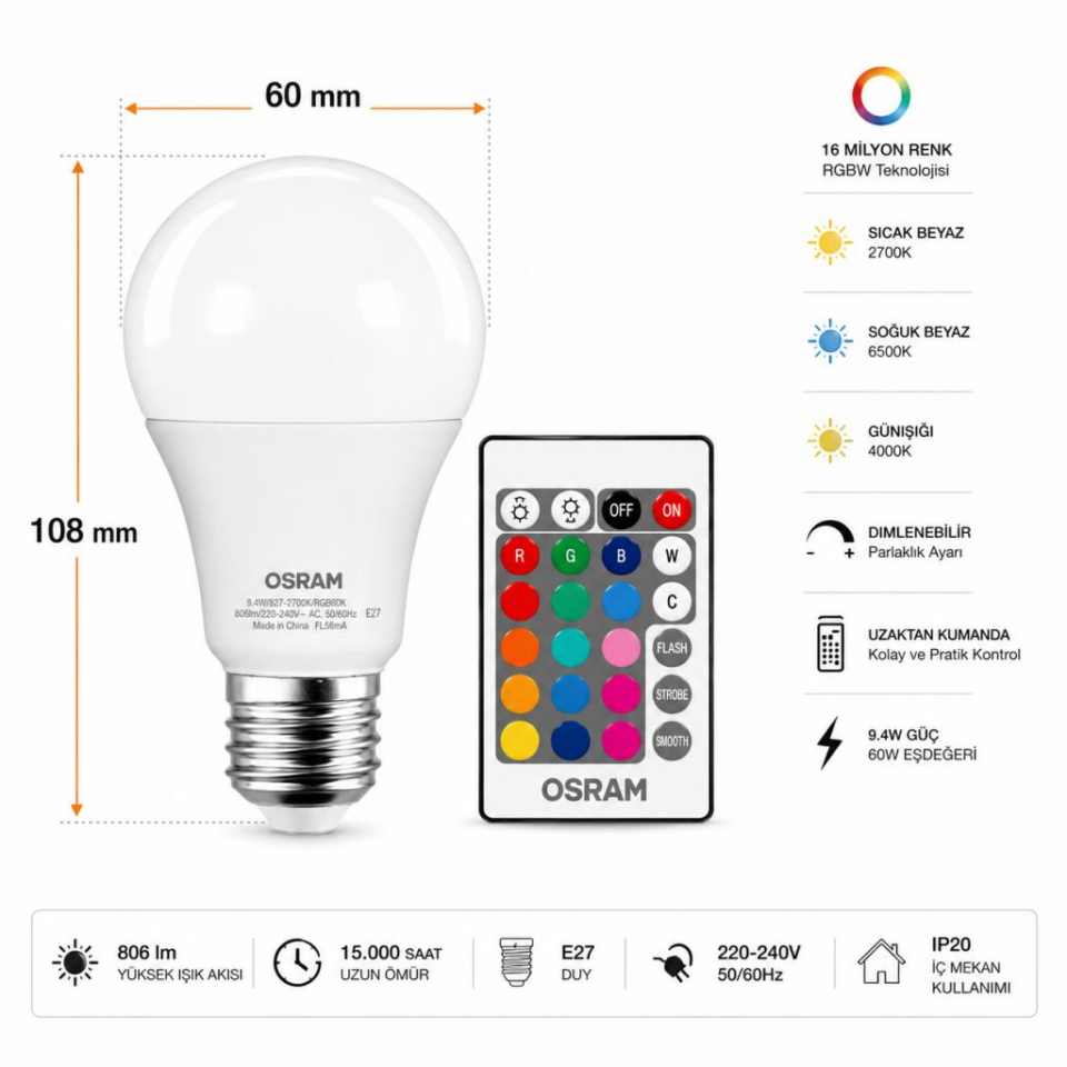 OSRAM LED Classic A60 RGBW Kumandalı LED Ampul E27 9.4W 806 Lümen Dimlenebilir Renk Değiştiren Ampul