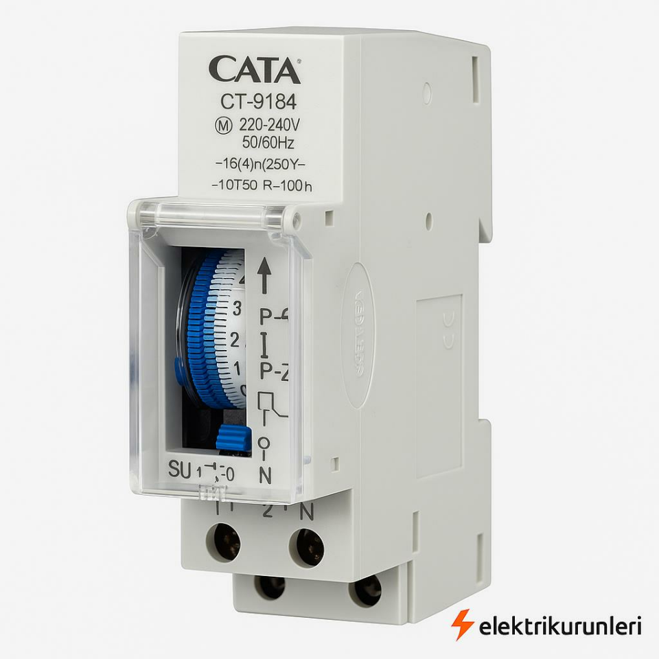 Cata CT-9184 Mekanik Zaman Saati - DIN Ray Tipi, 220V, 16A, Analog Zamanlayıcı