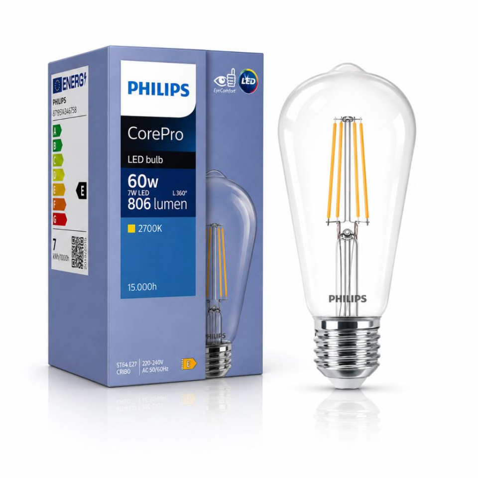 Philips CorePro ST64 LED Filament Ampul E27 7W 806 Lümen 60W Eşdeğeri 2700K Sarı Işık