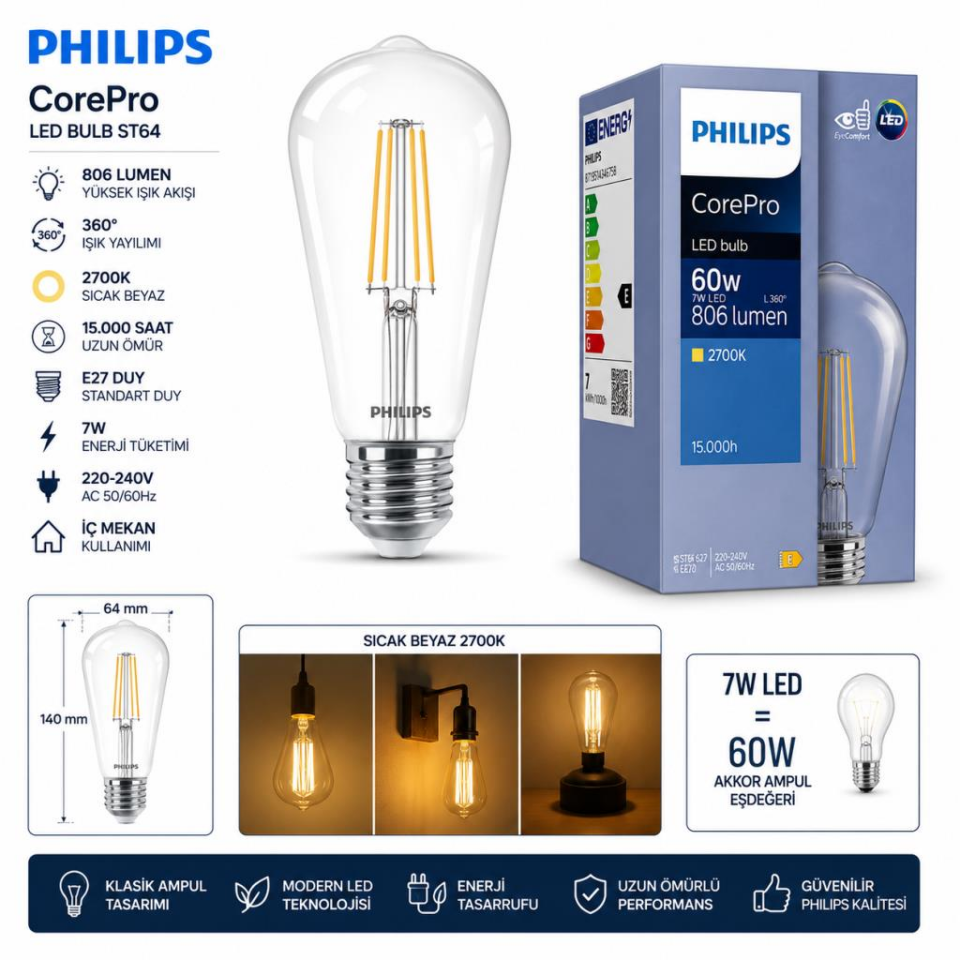 Philips CorePro ST64 LED Filament Ampul E27 7W 806 Lümen 60W Eşdeğeri 2700K Sarı Işık