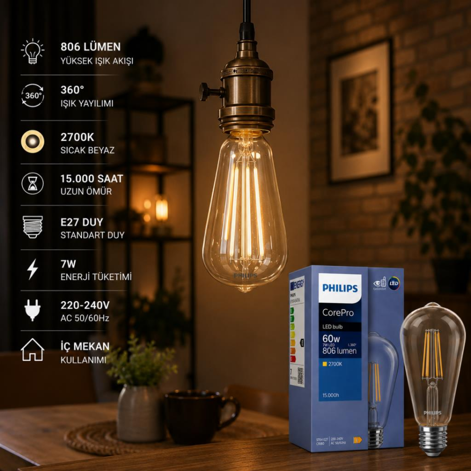 Philips CorePro ST64 LED Filament Ampul E27 7W 806 Lümen 60W Eşdeğeri 2700K Sarı Işık