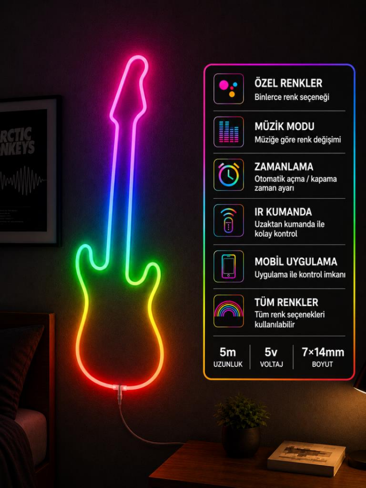 Akıllı Neon LED Şerit 5 Metre USB Kumandalı APP Kontrollü Dekoratif Aydınlatma