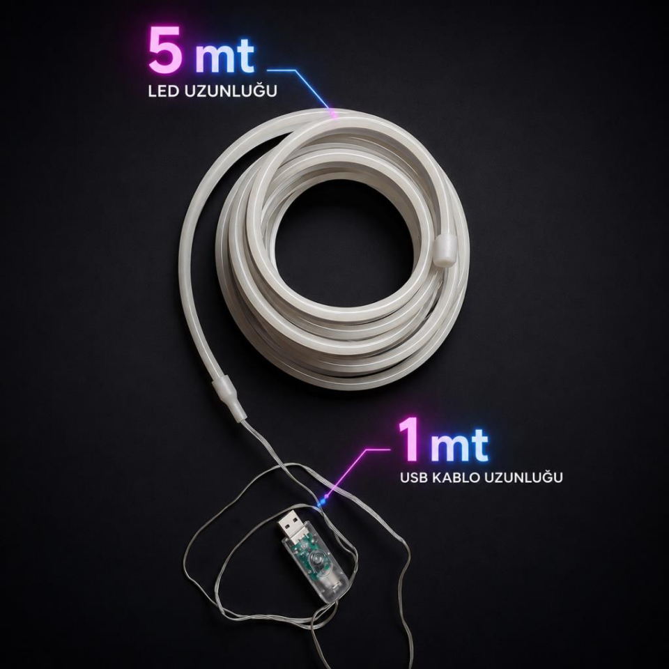 Akıllı Neon LED Şerit 5 Metre USB Kumandalı APP Kontrollü Dekoratif Aydınlatma