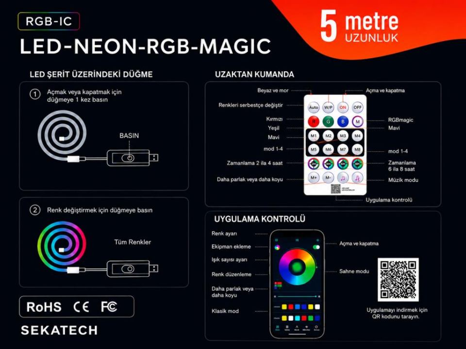 Akıllı Neon LED Şerit 5 Metre USB Kumandalı APP Kontrollü Dekoratif Aydınlatma