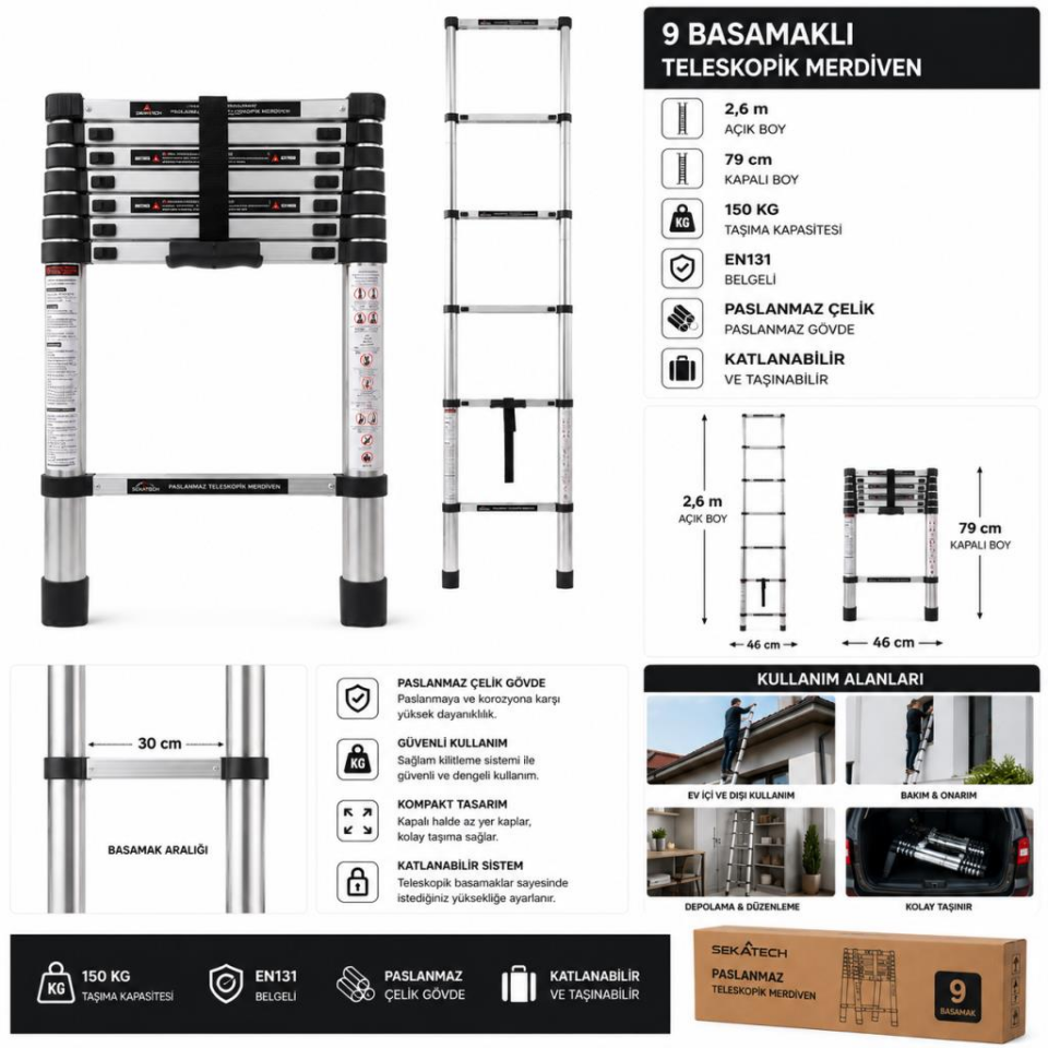Tenttech 9 Basamaklı Paslanmaz Teleskopik Merdiven – 2,6 m Açık Boy, 79 cm Kapalı Boy, 150 Kg Taşıma Kapasiteli