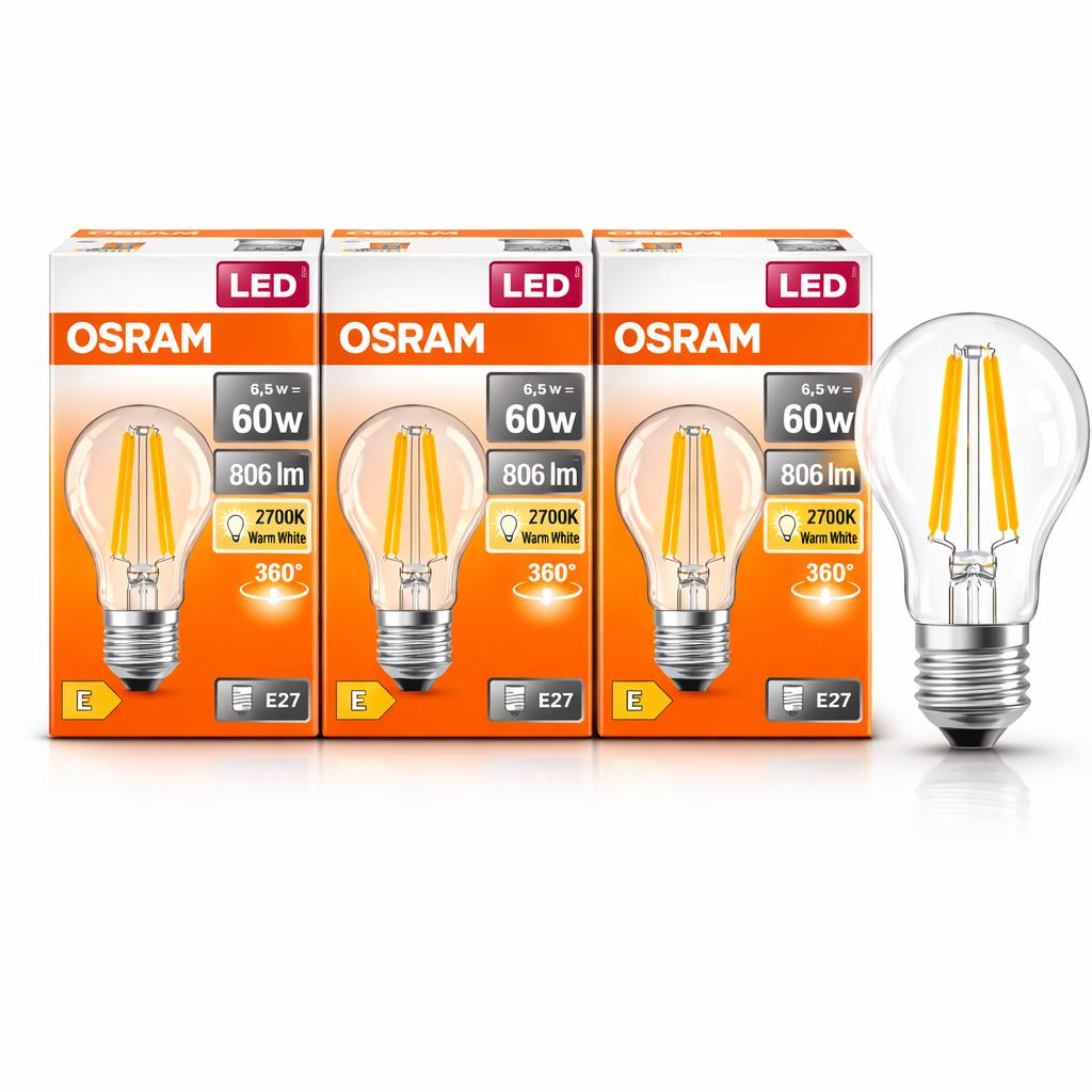 Osram LED Filament Ampul 6.5W E27 2700K Sarı Işık 806 Lümen 60W Eşdeğeri 3'lü Paket