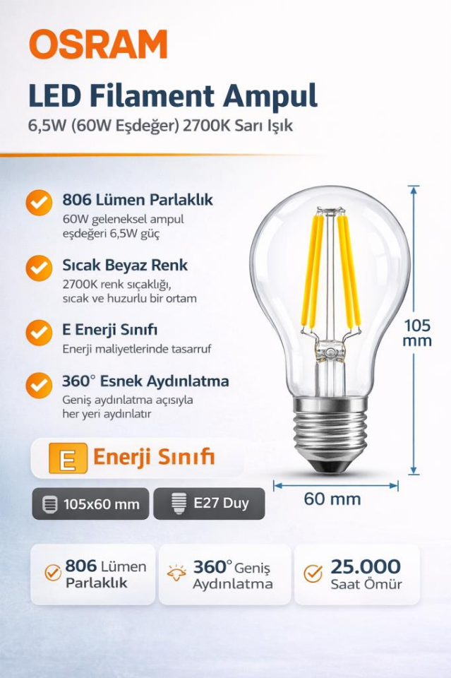 Osram LED Filament Ampul 6.5W E27 2700K Sarı Işık 806 Lümen 60W Eşdeğeri 3'lü Paket