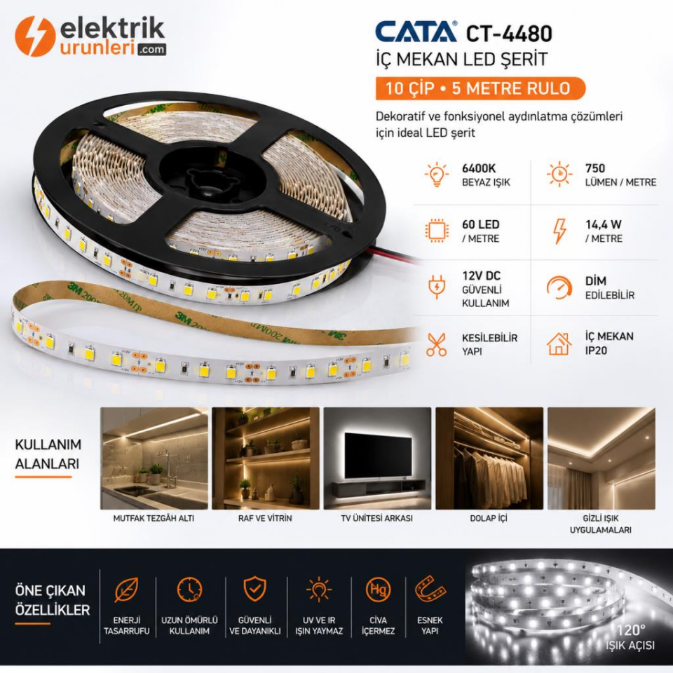 Cata CT-4480 5 Metre İç Mekan LED Şerit 10 Çip 12V DC 6400K Beyaz Işık 60 LED/Metre IP20