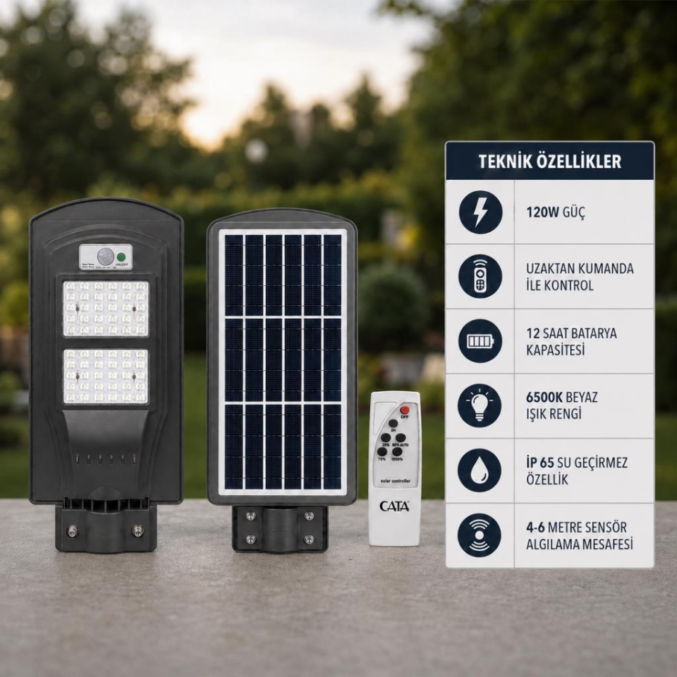 CATA CT-4691 120W İP65 GÜNEŞ ENERJİLİ SENSÖRLÜ VE KUMANDALI SOLAR SOKAK ARMATÜRÜ