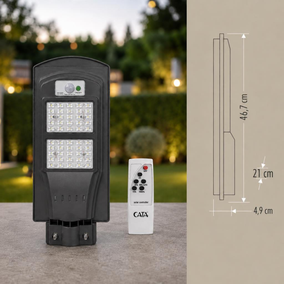 CATA CT-4691 120W İP65 GÜNEŞ ENERJİLİ SENSÖRLÜ VE KUMANDALI SOLAR SOKAK ARMATÜRÜ